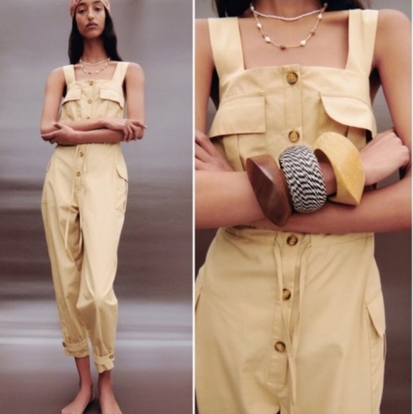 ZARA Poplin Cargo Overall Jumpsuit Tan Color Size Medium - Picture 1 of 13